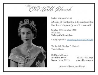 Invitation graphic for Old North service of remembrance for Queen Elizabeth II