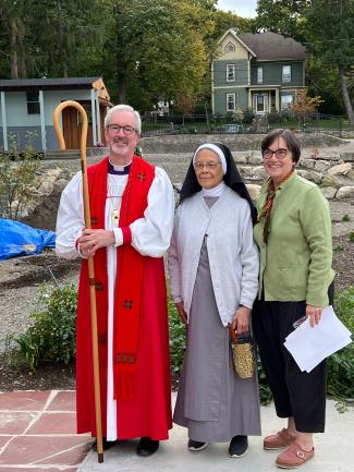 Bishop Alan Gates, Sister Ana Clara, OSA and Dawna Wal at new garden blessing