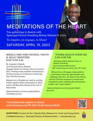 Presiding Bishop Michael Curry April 15, 2023, youth & young adult events flier image