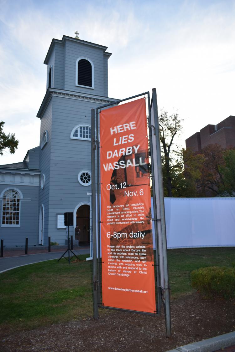 Here Lies Darby Vassall film banner at Christ Church in Cambridge