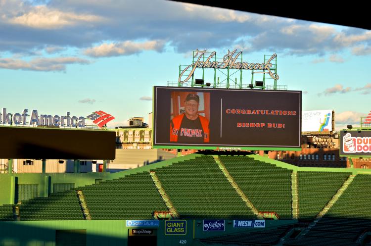 Bishop Bud Cederholm on the big screen at Fenway Park at 2011 retirement celebration.