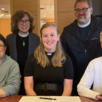 Shared priest Mary Rosendale pictured with Hopkinton and Westborough senior wardens and MA and WMA canons