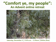 Advent 2022 online retreat graphic with ice on evergreen